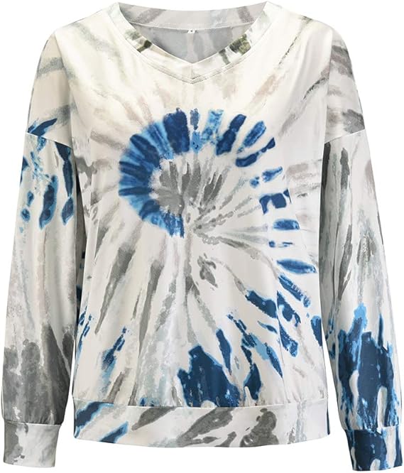 Amazon.com: Easy Fashion Women Tie Dye Print V Neck Sweatshirt Long Sleeve Casual Sweater 