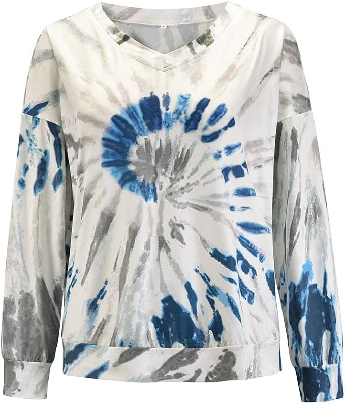 Amazon.com: Easy Fashion Women Tie Dye Print V Neck Sweatshirt Long Sleeve Casual Sweater 