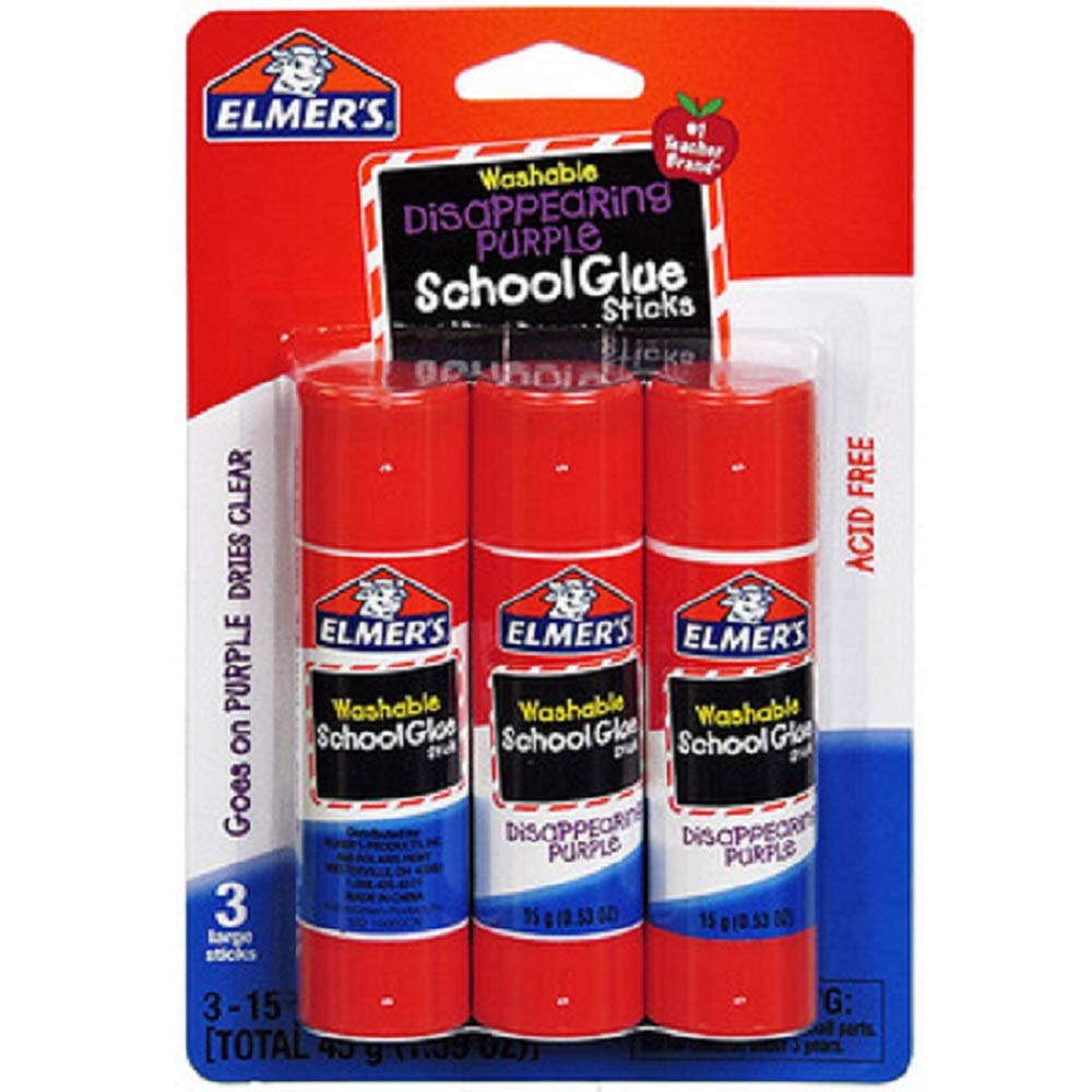 Elmer's Glue Sticks Washable Non-Toxic Disappearing Purple 0.53oz- Pack of 3