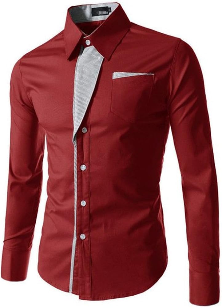 Enjoybuy Burgundy Mens Casual Dress Shirt Cotton Slim Fit Button Down