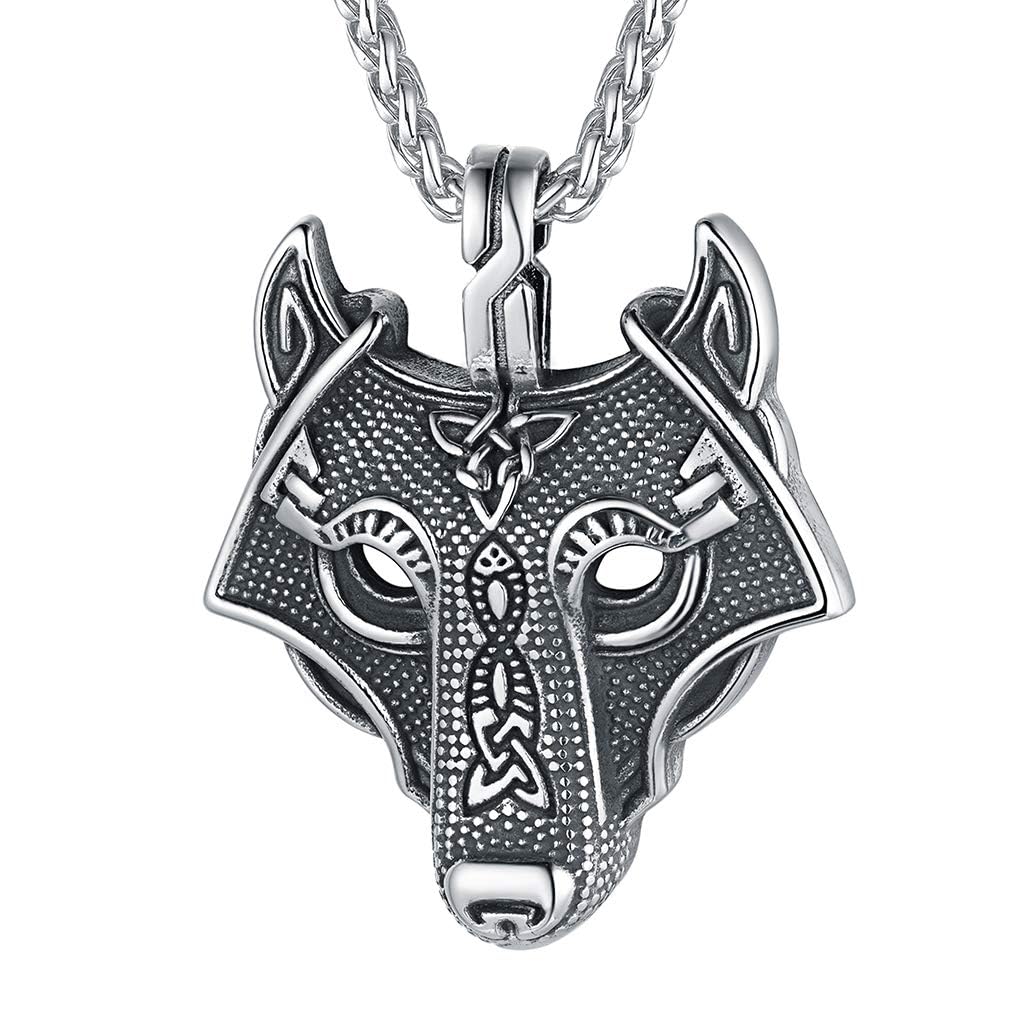 FaithHeart Nordic Viking Jewellery Mens Wolf Necklace Stainless Steel Fenrir Pendant Wolf Head Neck Charm with Strong Chain 22"+2"