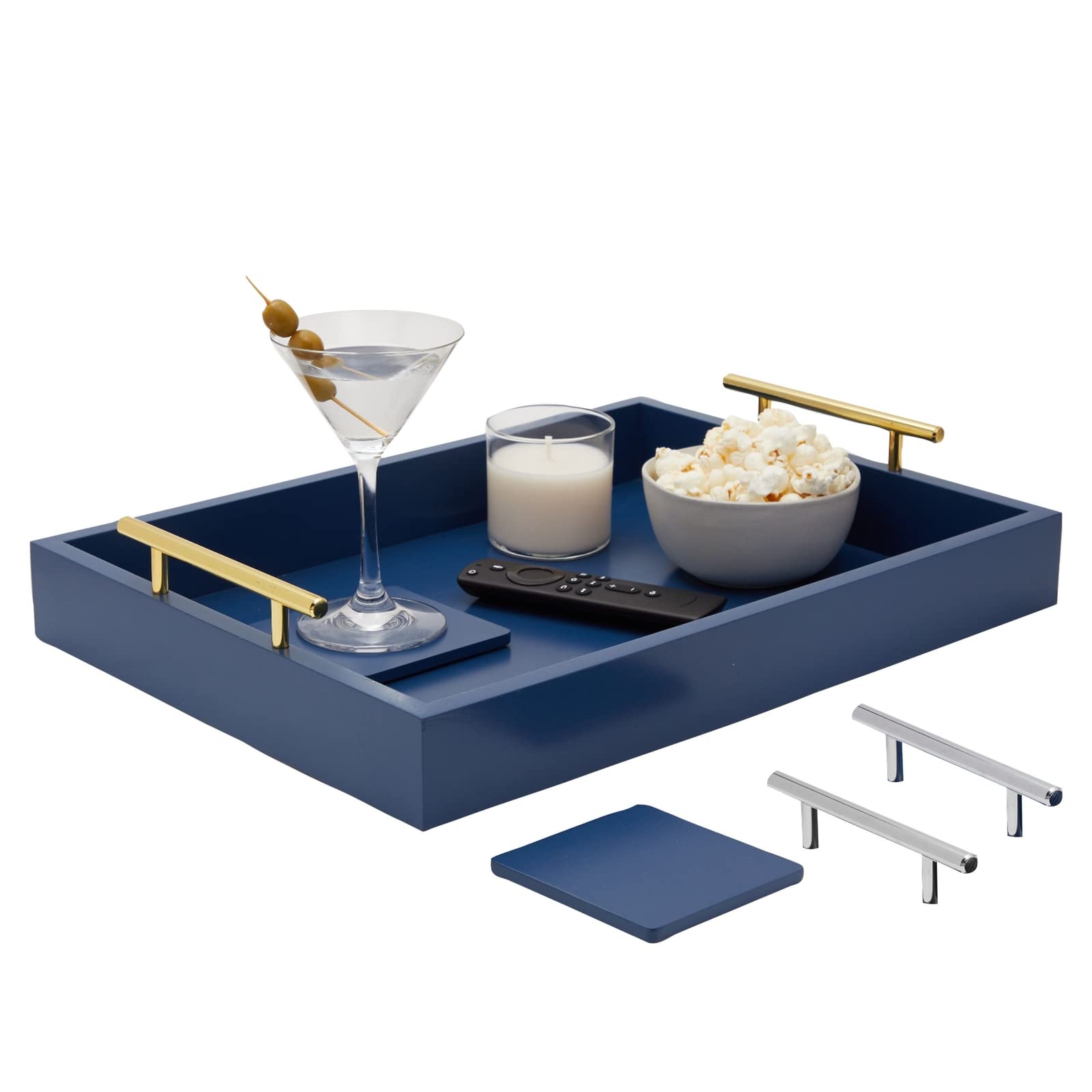 Photo 1 of Juvale Coffee Table Tray - 15.7 x 11.8 x 3 in, Blue, Rustic Wood - Serving Tray with Interchangeable Gold & Silver Handles for Coffee Table Decor & Ottoman Use with 2 Coasters