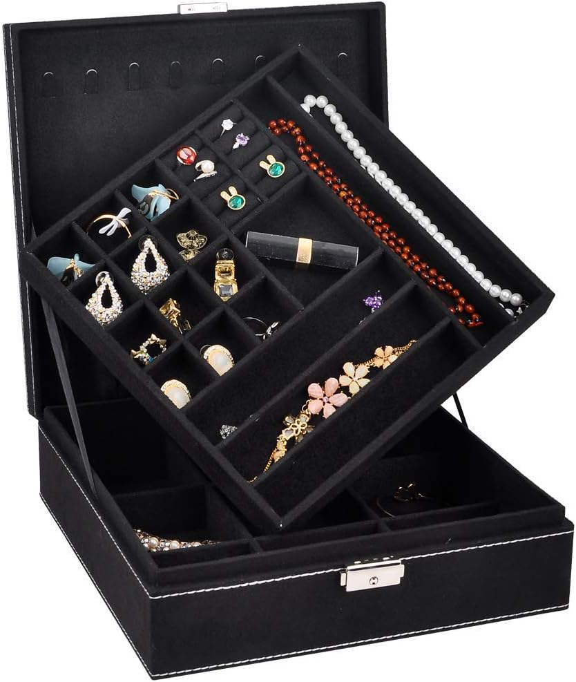 NirongLavie 2-Layer Square-Shaped Lint Leather/Suede Jewellery Box Jewelry Organiser Storage case with Lock Mirror Gifts for Women