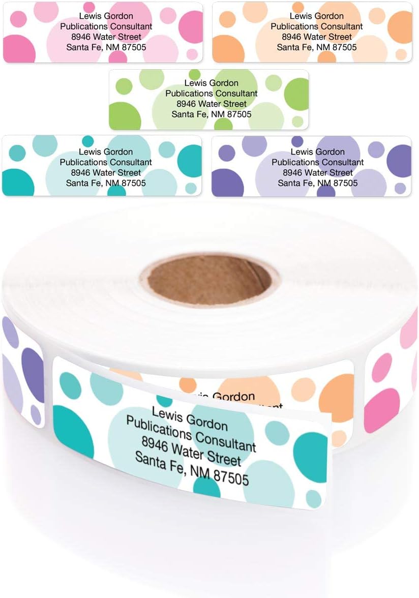 Bright Graphic Dots Designer Assorted Name & Address Labels with Elegant Plastic Dispenser