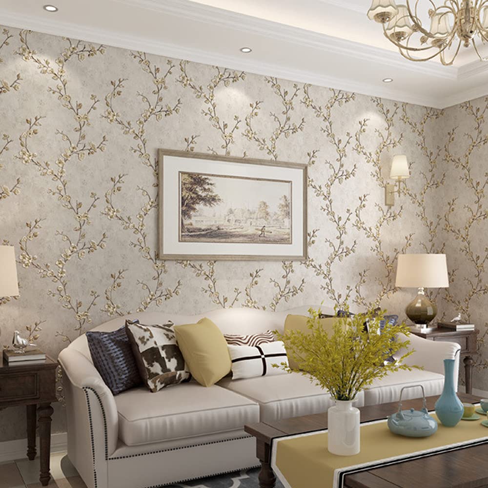 MEAIHOME American Country Non-Woven Wallpaper 3D Retro Pastoral Flower Tree AB Version with Bedroom Living Room Children's Room TV Background Wall 1.73'W x 32.8'L Non-Pasted (Light Gray A)