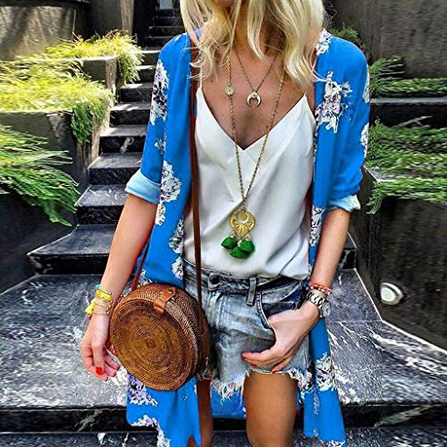 DONTAL Women Loose Summer Floral Flare Half Sleeved Tops Drape Cardigan Kimono Open Front Blue