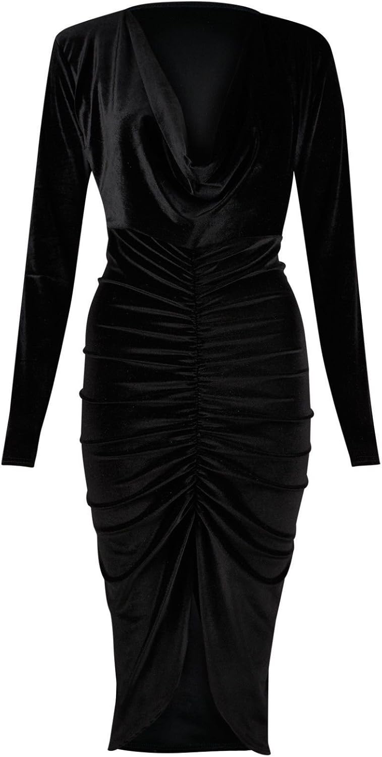 Italian Collection Womens Crushed Velvet Cowl Neck Ladies Long Front Ruched Midi Dress Plus 