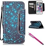 iPhone 5S Case, iPhone 5 Wallet Case, Firefish [Kickstand] [Shock Absorbent] Double Protective Case Flip Folio Slim Magnetic Cover with Wrist Strap for Apple iPhone 5/5S/SE-Starry