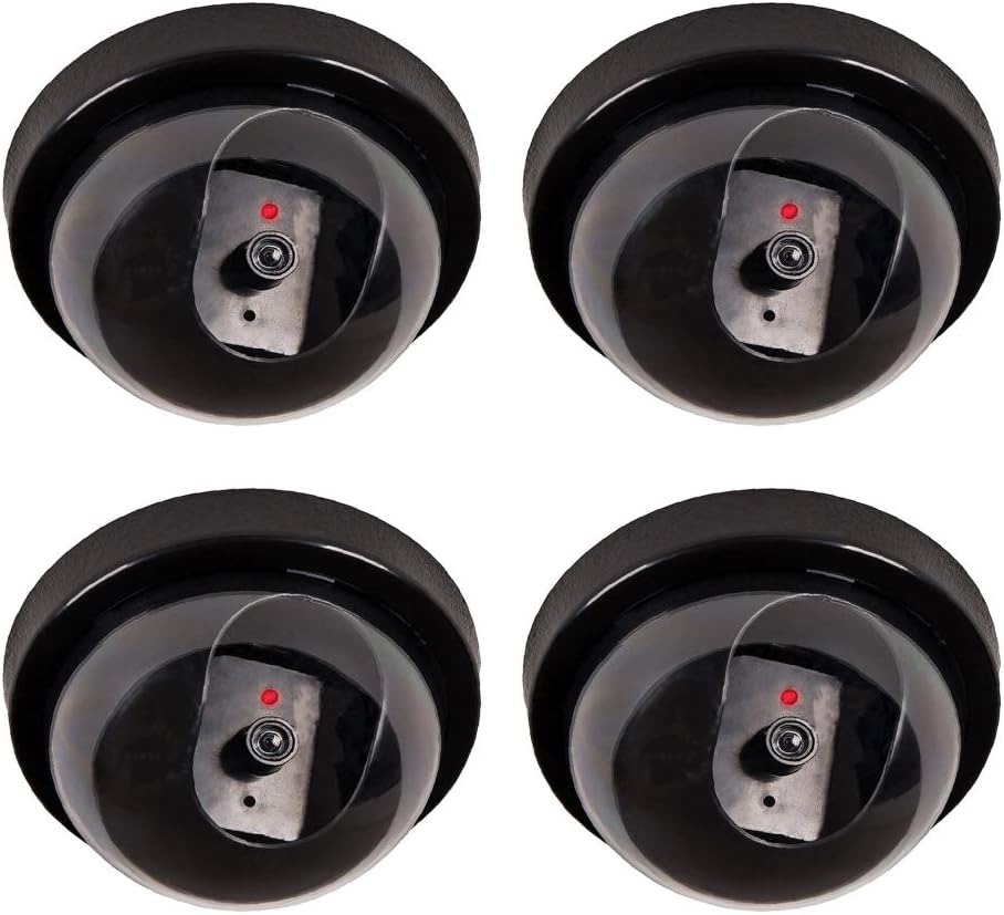 LRY 4 Pack Fake Security CCTV Dome Dummy Camera with Realistic Look Recording Flashing Red LED with Security Alert Sticker Decals