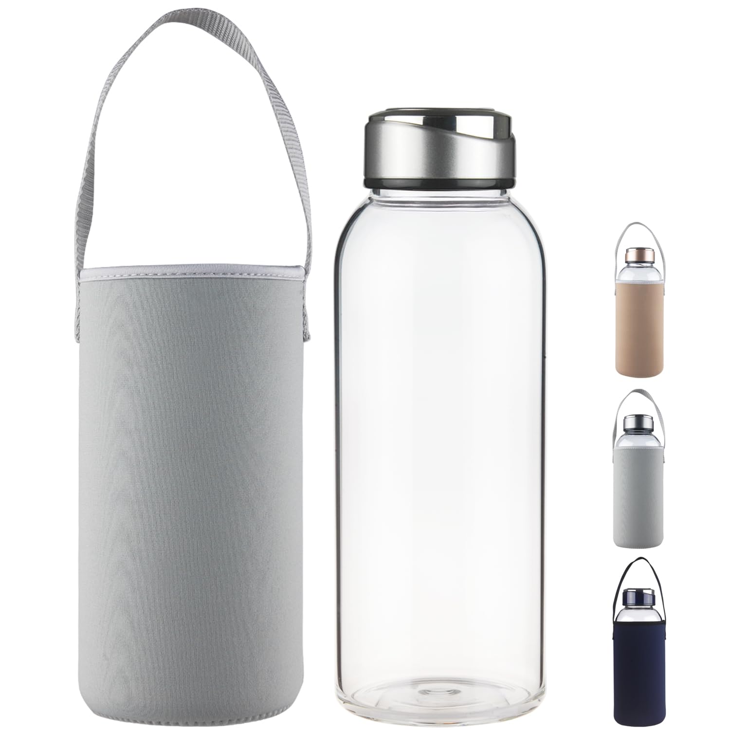 SHOW INGENUITY 1500ml Borosilicate Glass Water Bottle BPA Free Reusable Glass Drinking Bottle with Neoprene Sleeve and Stainless Steel Lid