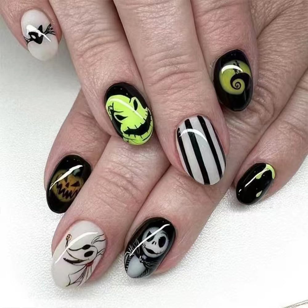 Photo 1 of 24Pcs Halloween Press on Nails Short Oval Fake Nails with Pumpkin Designs Spooky Cute Black Halloween Nails Round Acrylic Glue on Nails Holiday Stick on Nails for Women Girls