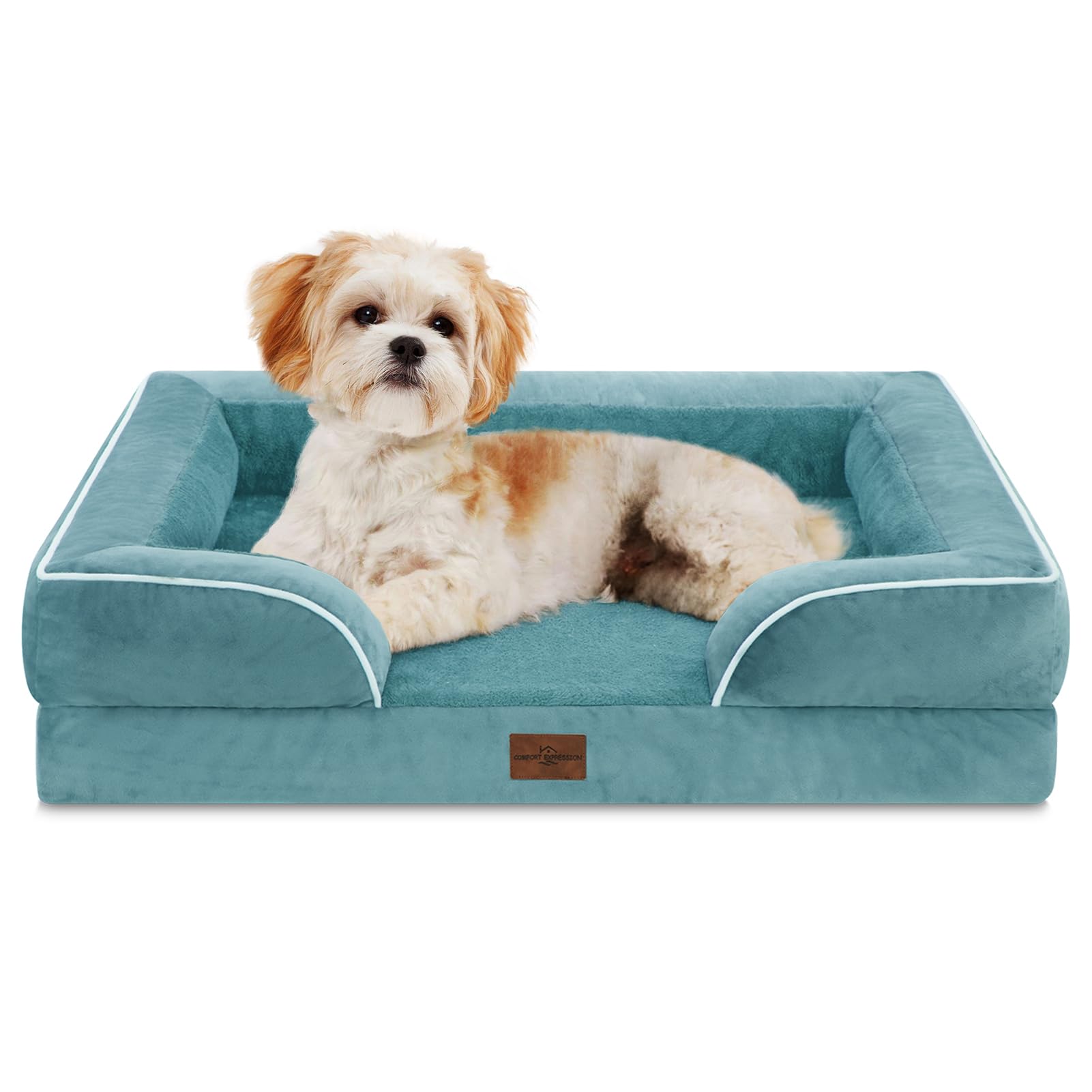 Comfort Expression Orthopedic Dog Bed for Medium Dogs 28x19 Inch, Waterproof Egg Crate Foam Medium Pet Bed with Removable Bolsters, Dog Couch with Washable Cover & Non-Slip Bottom, Washed Blue Image