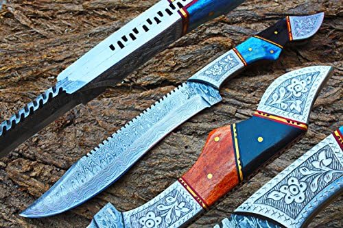 8.7" Damascus Blade Collector Hunting Knife w/Engraved Steel Bolsters, Dyed Buffalo Bone, Linen Micarta, File-Work, Sheath UDK-F-02