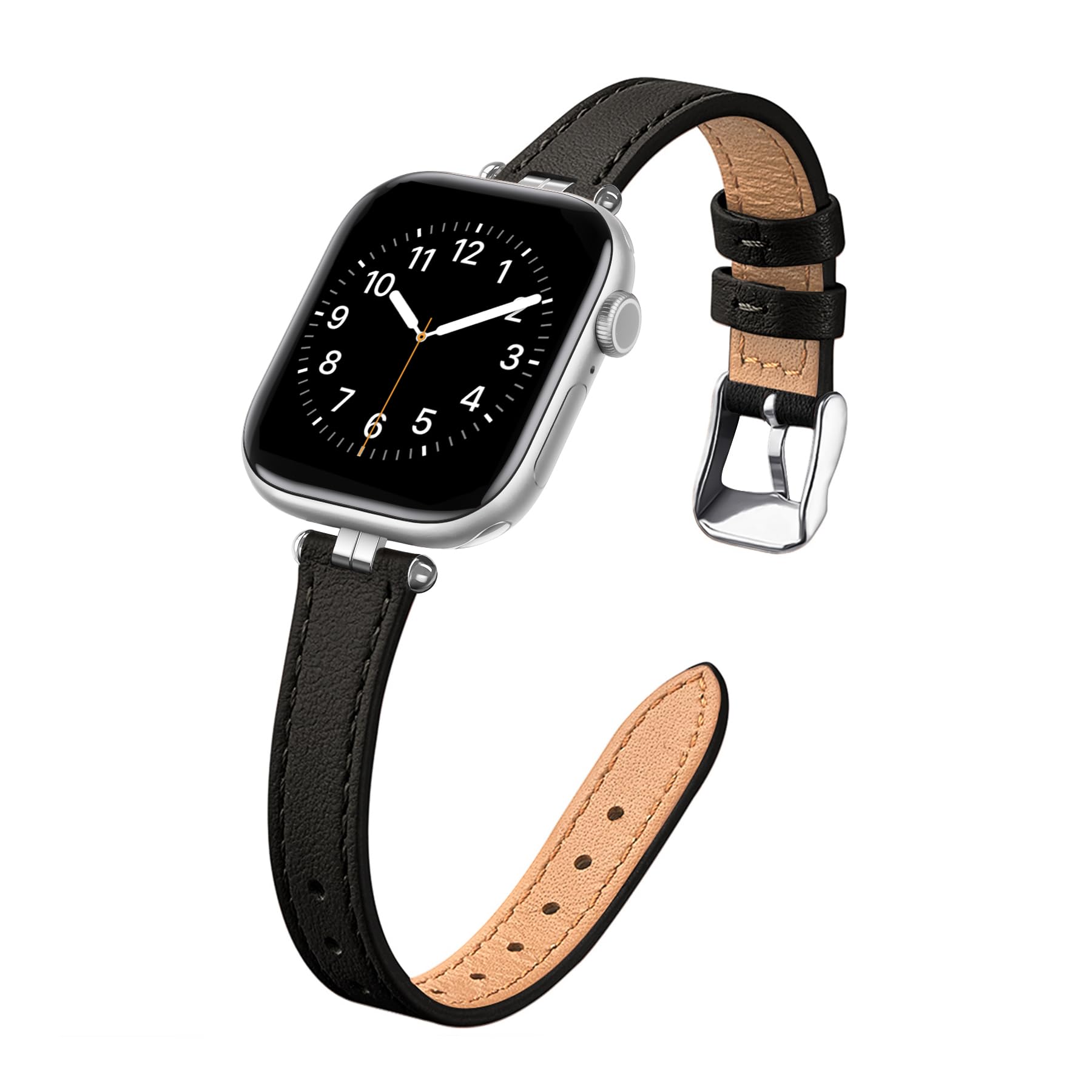 Photo 1 of STIROLL Thin Leather Band Compatible with Apple Watch Bands 41mm 40mm 38mm 42mm Women, Dressy Top-Grain Leather Strap Slim Wristband for iWatch SE Series 10 9 8 7 6 5 4 3 2 1, Black/Silver