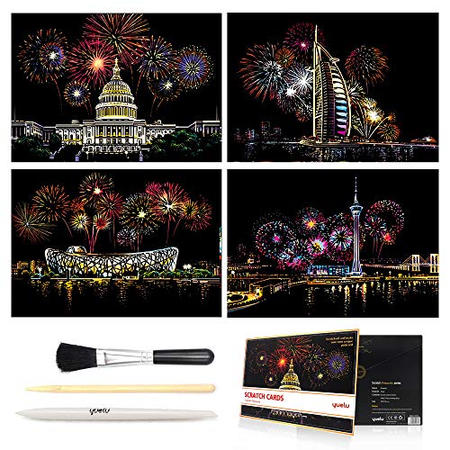 Pobec Scratch Art, Scratch Art Paper DIY Night View Scratchboard for Adult and Kids, with Scratch Paper Pens/Black Brush,8.2''x11.4'' (Fireworks) - Thumbnail 7