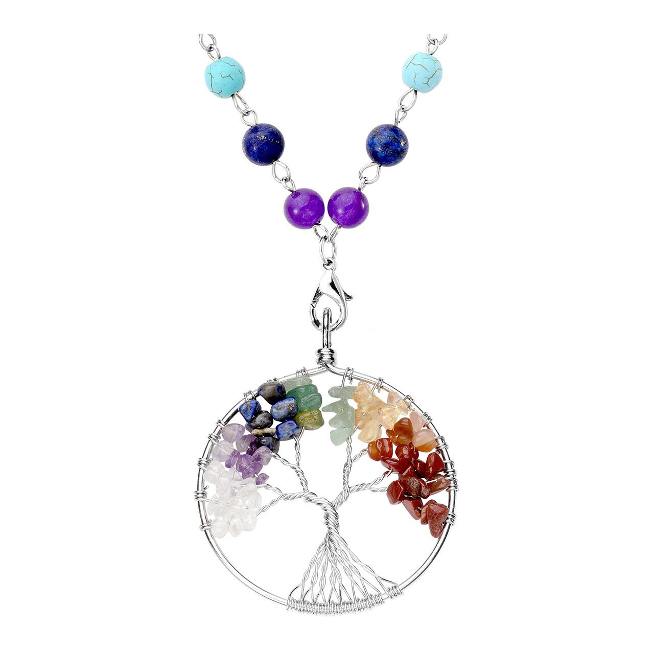 Top Plaza 7 Chakra Gemstones Tree of Life Healing Crystal Energy Yoga Balance Meditation Semi Precious Beads Necklace Bracelet Set(#1 Silver Round)