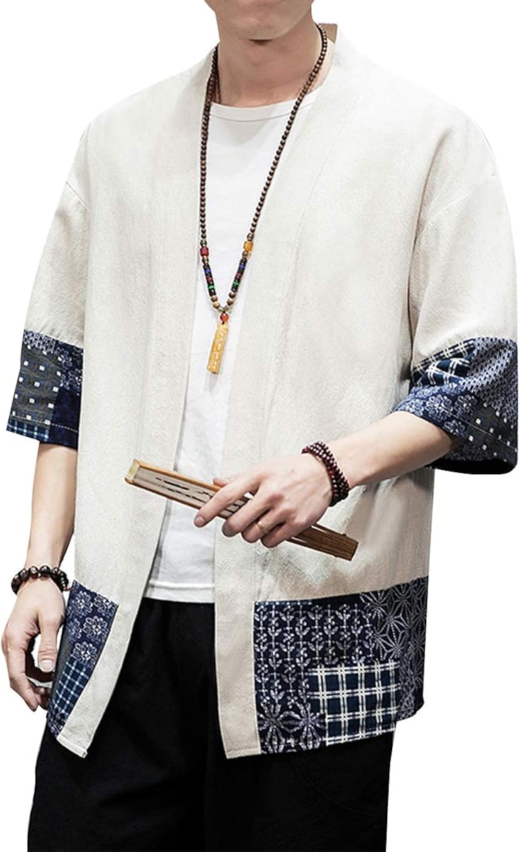 PRIJOUHE Men's Kimono Jackets Cardigan Lightweight Casual Cotton Blends Linen Seven Sleeves Open Front Coat Outwear at  Men’s Clothing store