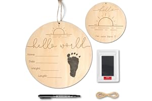 PDRYLY Baby Birth Announcement Sign with Marker Pen, Wooden Hello World Newborn Sign with Ink Pad for Baby Hand and Footprints, Double-sided Newborn Announcement Sign for Baby Shower Photo Prop Keepsakes