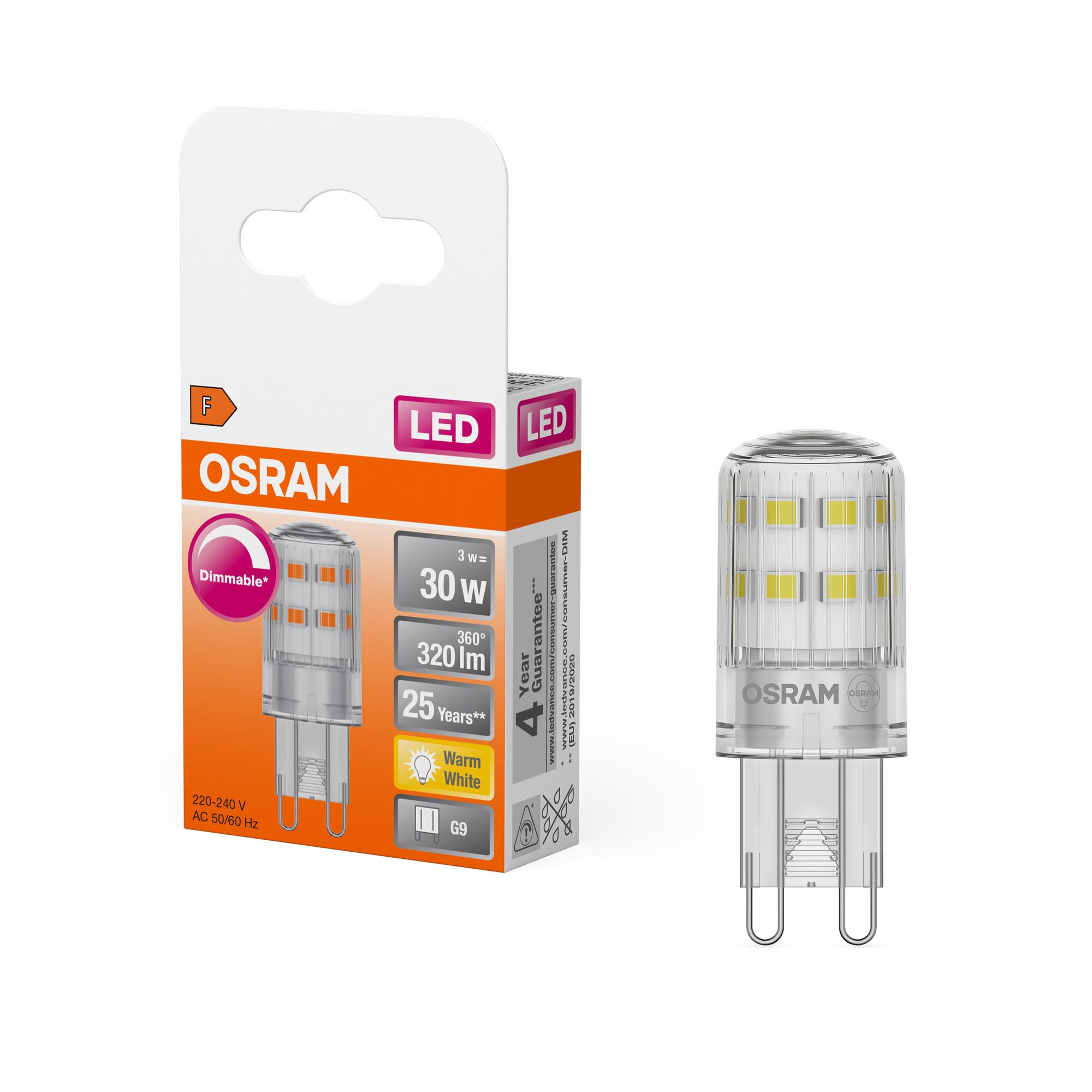 OSRAM Dimmable LED PIN lamp with G9 Base, Warm White (2700K), 350 Lumen, Clear Glass, Single Pack