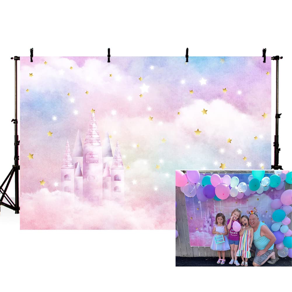 MEHOFOND 8x6ft Dreamy Rainbow Castle Party Background Girl Colorful Clouds Gold Star Princess Photography Backdrop Photo Shoot Decor Banner Portrait Photo Booth Props Supplies