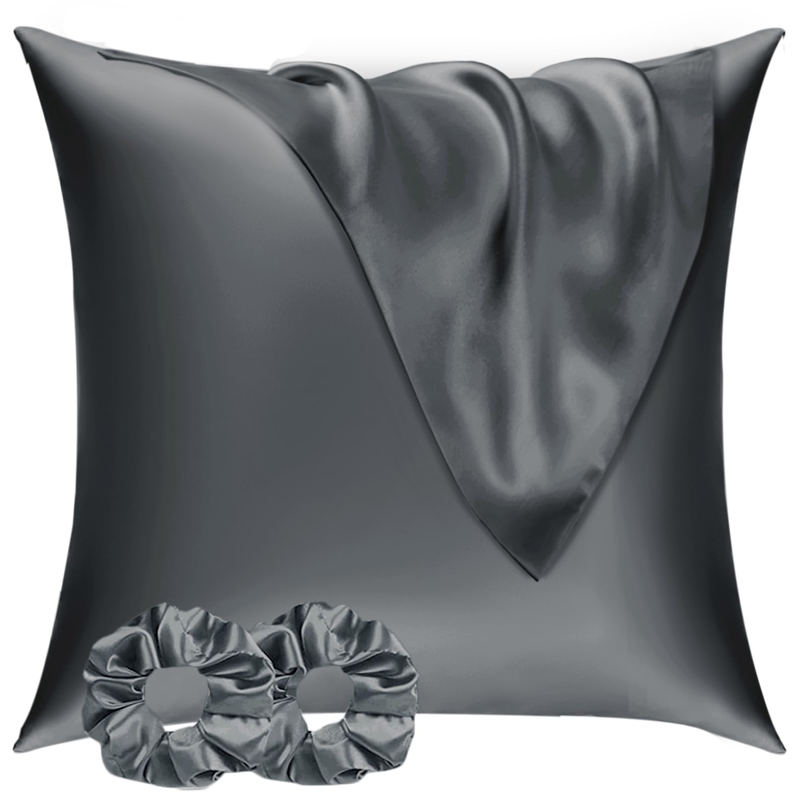 Vielit 2 Pack Satin Pillowcase for Hair and Skin,Soft as Silk Pillowcases for Hair and Skin,Easier Care than Silk Pillow Case Dark Grey Pillowcases for 80x80cm Pillow Envelope & 2 Scrunchies