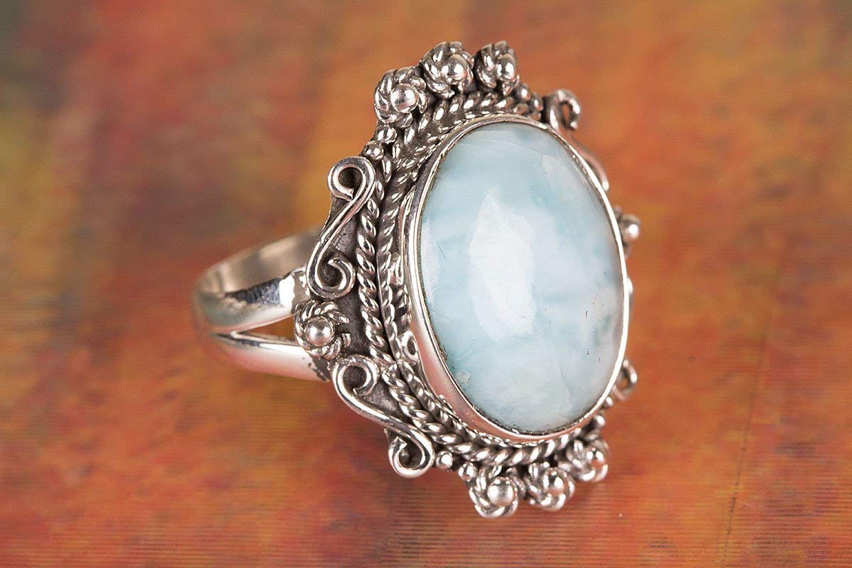 Larimar Ring 925 Sterling Silver Ring March Birthstone Jewelry Boho