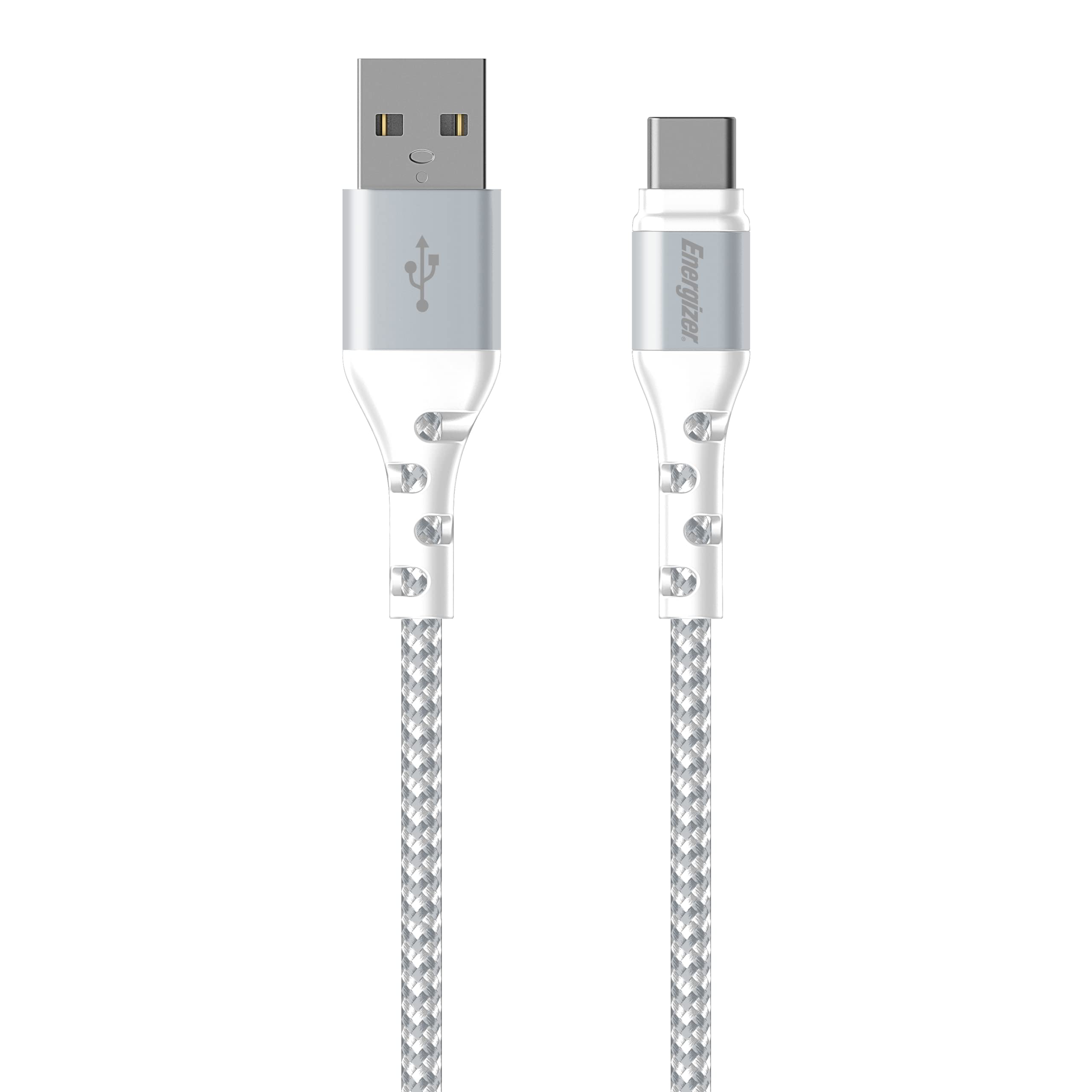 Energizer Reinforced USB-A/USB-C Cable, 2 m, White/Silver Braided