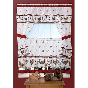 Amazon Com Osd 3pc Red White Rooster Kitchen Tiers Valance Set