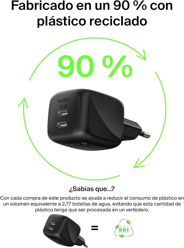 Carregador USB C com 2 portas, 50W, carregador múltiplo GAN com duas portas Tipo C, ficha de carregamento rápido para MacBook, iPhone 17, iPad Pro, Chromebook, Samsung Galaxy S25 Ultra e Pixel 10 - Preto