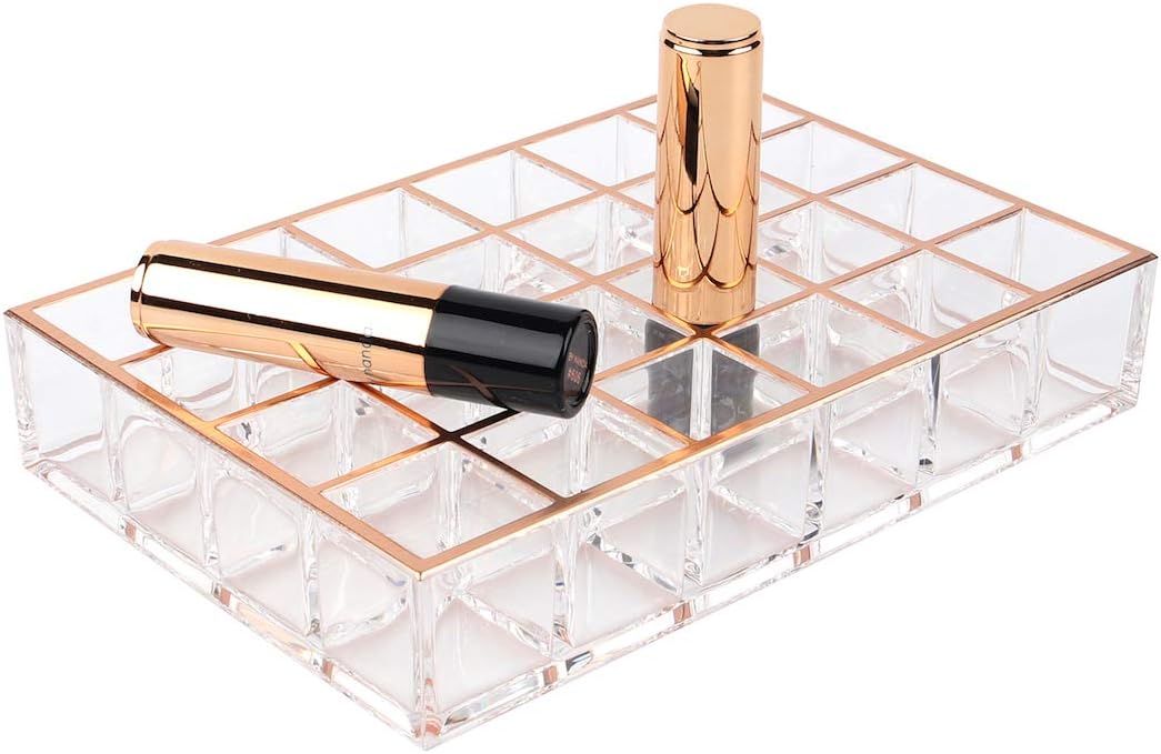 Moosy LifeMoonlight Rose Gold Acrylic Lipstick Holders and Organizers, Acrylic Lipstick Organizer for Vanity, Lipstick Organizer for Drawer 24 Slots