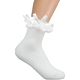 Larrel Lace White Ruffle Socks with Bow, Soft Cute Socks with Ruffles for Women Cotton Princess Lolita Sock with Bow Stylish Cute Laces Design for Teen Girls Women