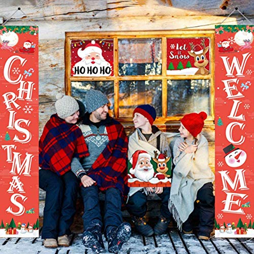 Directtyteam Christmas Porch Sign, Welcome and Christmas - Xmas Hanging Christmas Banners for Holiday Home Indoor Outdoor Porch Wall Door Curtain Decoration