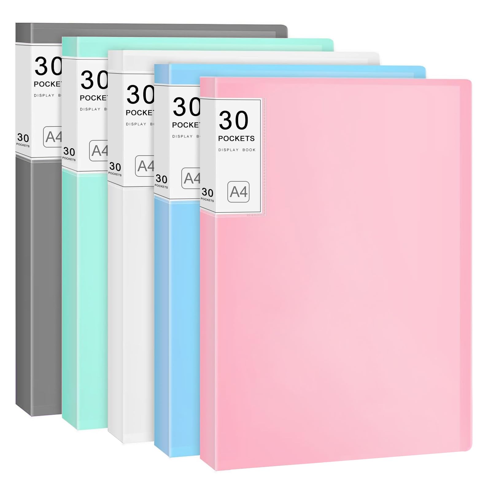 XHDA 5 Pack A4 Display Folders with 30 Pockets, Plastic A4 Display Book for Filing, School, Presentations (5 Colours)