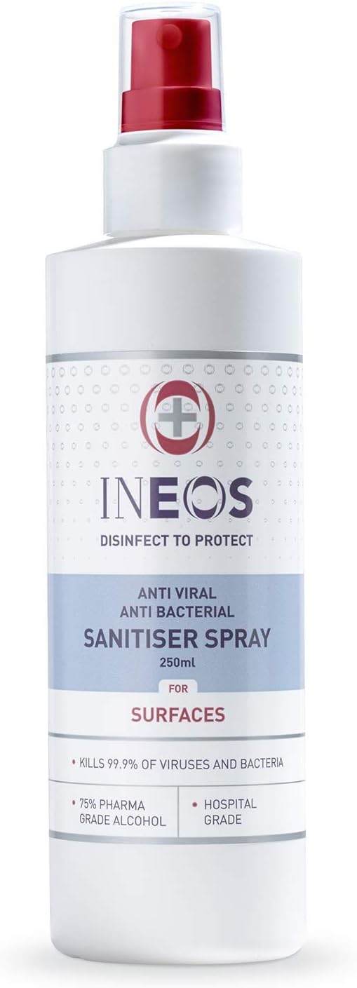 Hospital Grade Sanitiser Spray for Surfaces (250 ml) by INEOS Hygienics . Made with 75% pharma grade alcohol. Kills 99.9% of viruses and bacteria.