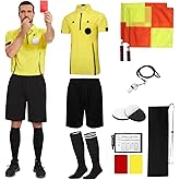 redgino Soccer Referee Kit Pro Soccer Referee Shirt Jersey,Ref Costume Shorts,Coach Whistle,Referee Socks, Linesman Flags and Cards Umpire Uniform Sport Accessory for Adult Teenager
