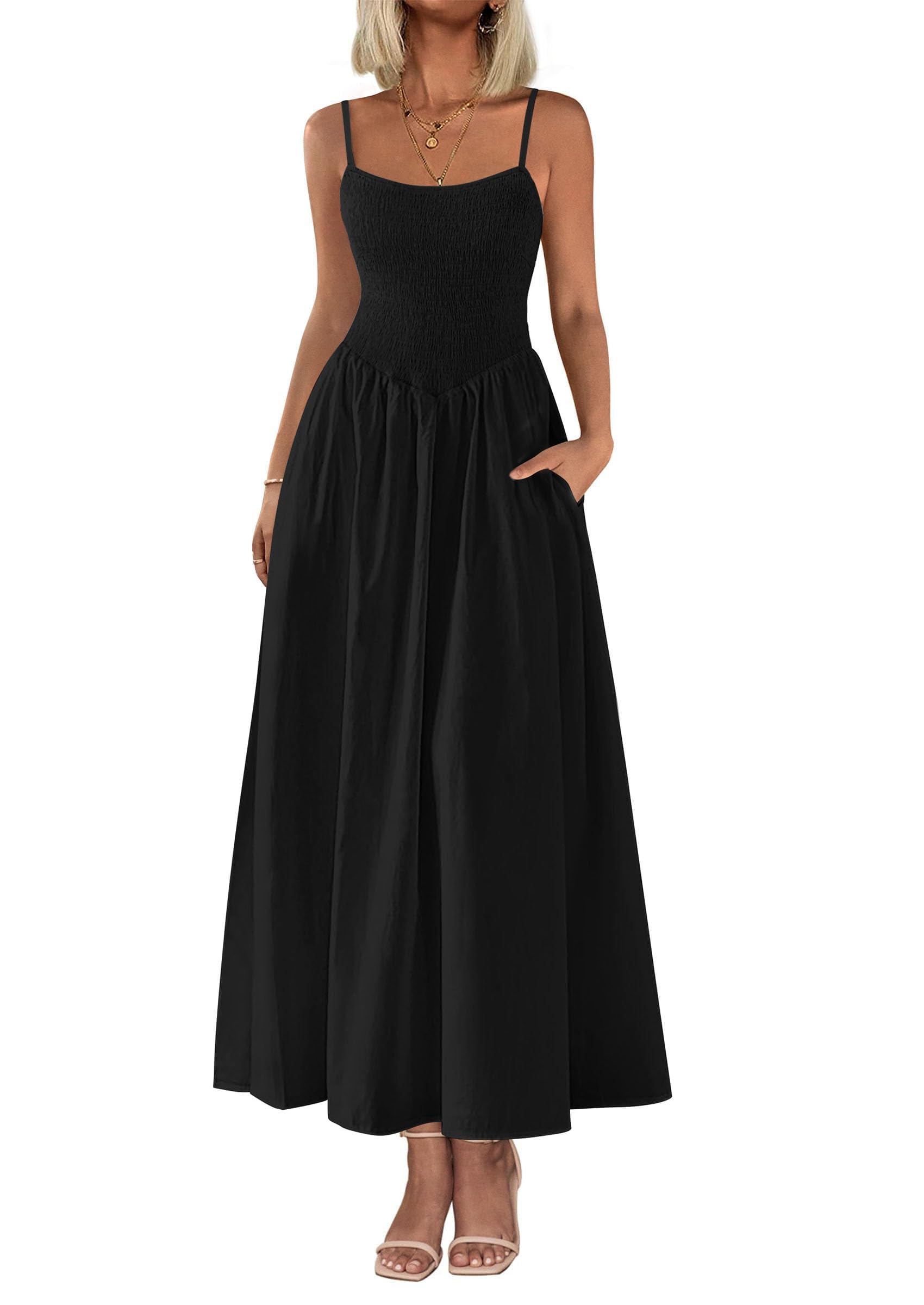 Photo 1 of PRETTYGARDEN Women's 2025 Summer Smocked Maxi Dresses Beach Sundress Casual Spaghetti Strap Swing A Line Long Flowy Dress (Black,Small)