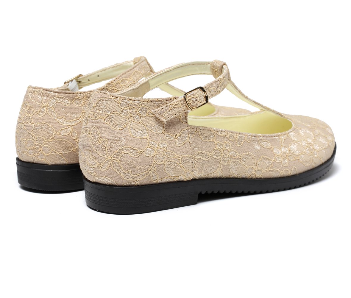 getmorebeauty Women's Beige Mary Janes Flats T Straps with Lace Wedding Shoes Low Heel Shoes (US 8, Beige) - Image 5