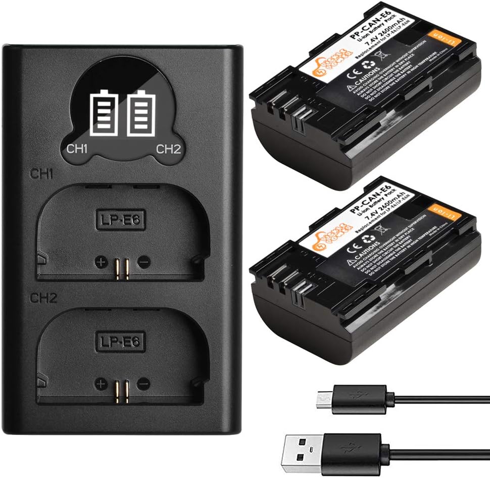 LP-E6 LP-E6N Pickle Power 2 Pcs 2600mAh 7.4V Battery & LED Dual Charger Compatible with Canon EOS 5D Mark II, 5D Mark III, 5D Mark IV, 5DS, 5DS R, 6D, 6D Mark II, 7D, 7D Mark II, 60D, 60DA, 70D, 80D.: Electronics