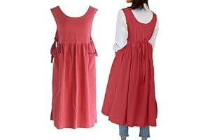 losofar Women Plus Size Cotton Linen Vintage Pleated Split Apron Pinafore Dress with Two Pockets