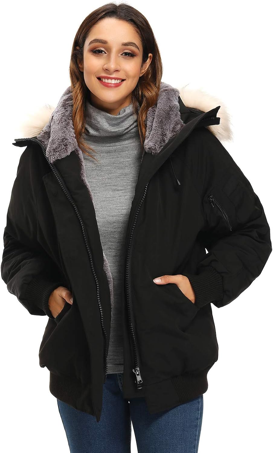 womens bomber coat with fur hood