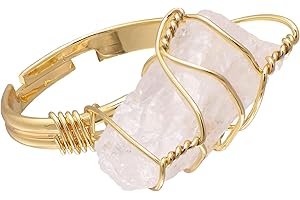 Natural White Quartz Crystal Rough Stone Wire Wrapped Ring, Yellow Gold Tone