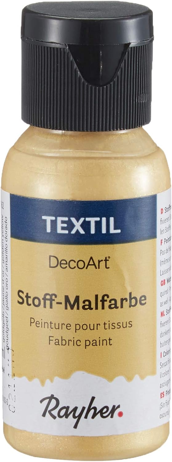Rayher 38502162 Glanz Textil Stoffmalfarbe/ Textilfarbe goldgelb, Flasche 34 ml, hochdeckend, cremige Acrylfarbe speziell für Textilien, waschfest, irisierend, glänzend, Perl-Schimmer