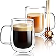 Double Walled Glass Coffee Mugs 16 OZ, Borosilicate Glass Coffee Cups Set of 2 with Spoons, Insulated Clear Coffee Mug for Hot Beverages, Cappuccino, Latte, Tea Bag.
