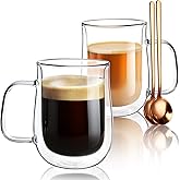 Double Walled Glass Coffee Mugs 16 OZ, Borosilicate Glass Coffee Cups Set of 2 with Spoons, Insulated Clear Coffee Mug for Hot Beverages, Cappuccino, Latte, Tea Bag.