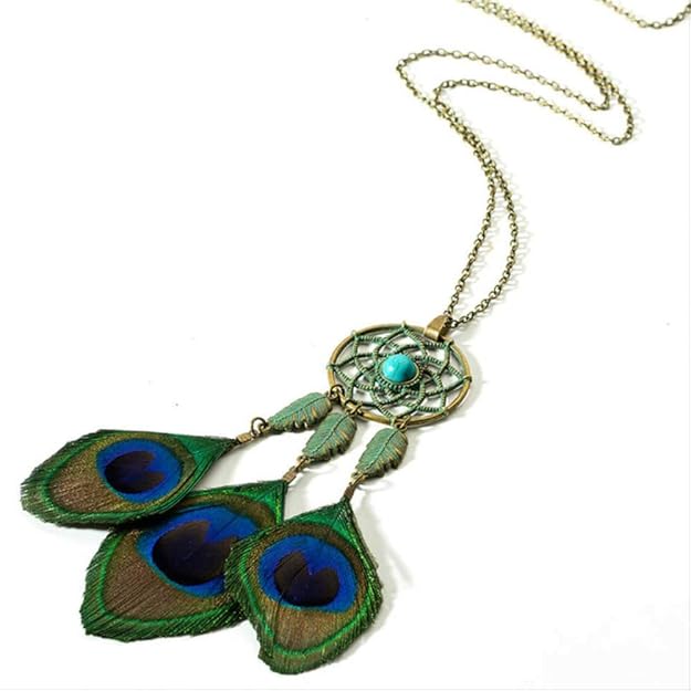 XIANGLIANDIAN Collar De Damas Boho, Colgante De Plumas De Pavo Real