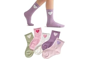 5-Pairs Colorful Heart Print Socks, Soft Knit Girl's Crew Socks for Cold Weather, 5-8years/9-14years