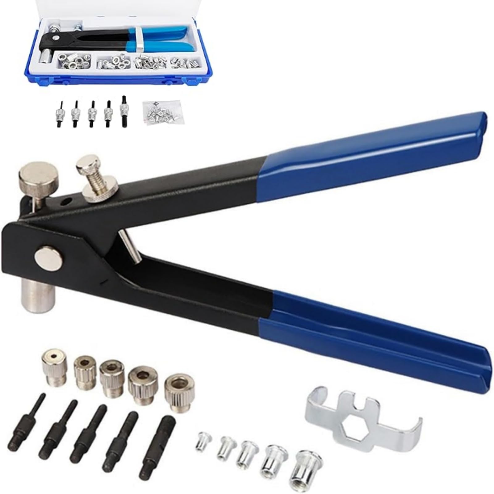 86pcs Hand Rivet Tool Nut Setter Kit, Heavy Duty Blind Rivet Gun Kit with Metric Rivet Nuts, Metric Mandrels and M3/M4/M5/M6/M8 Rivnuts