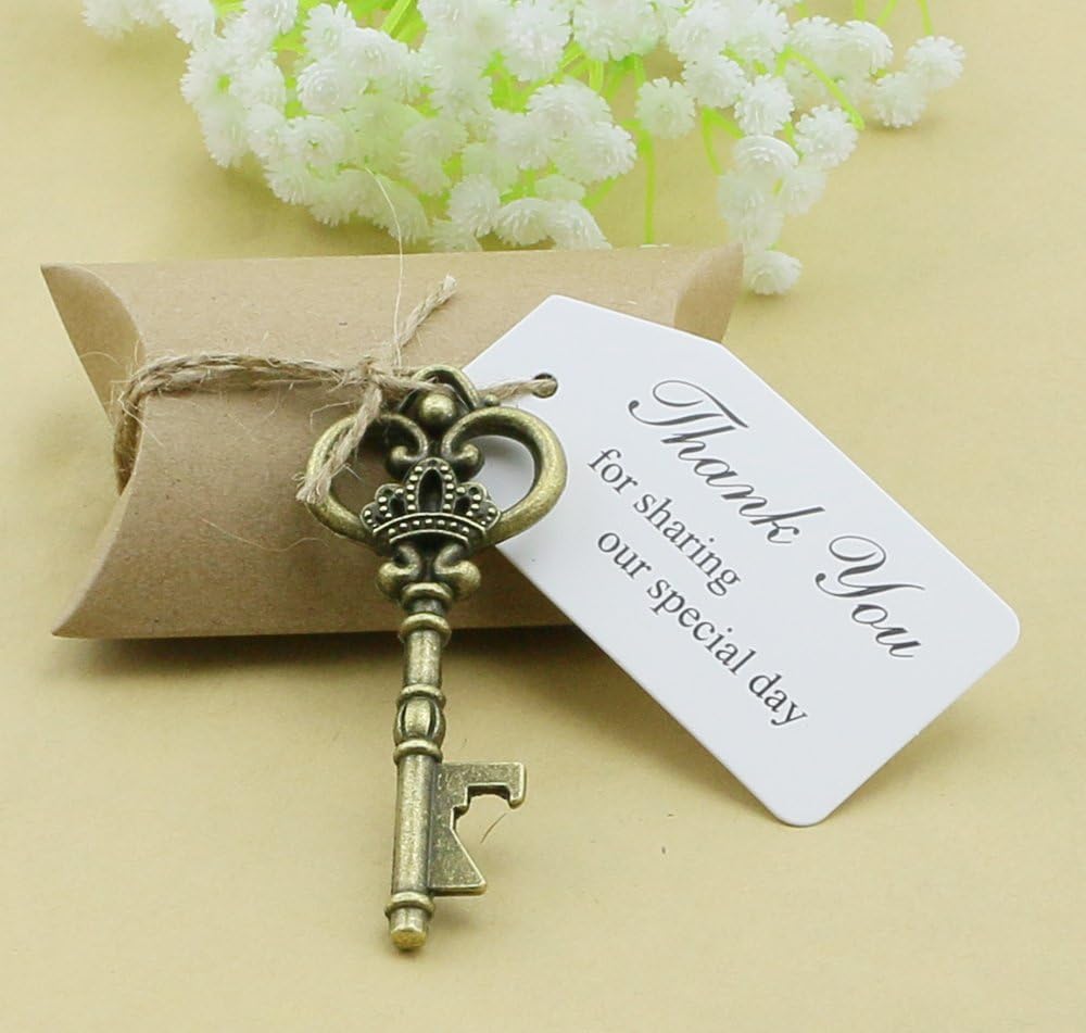 50pcs Wedding Favours Candy Box w Skeleton Key Bottle Openers Escort Cards Thank You Tag Pillow Box (Key Style #9)