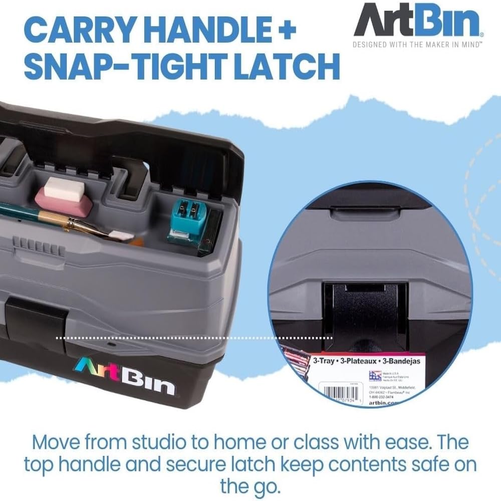 ArtBin 3-Tray Art Supply Box Versatile Organizer for Brushes, Paints, Stamps, and More - Durable Hard Plastic, Secure Closure, Portable with Top Trays and Dividers