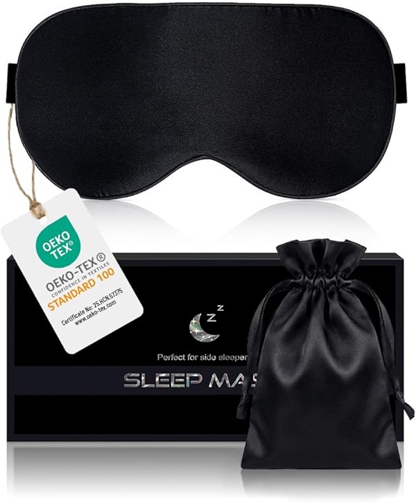 Schlafmaske Seide für Seitenschläfer, 22MM, 100% Bio Maulbeerseide, Professional 100% Lichtblockierende Schlafbrille mit Verstellbarem Band für Frauen & Herren, Schlaf Augenmaske für Reisen